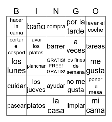 Las tareas de la casa Bingo Card