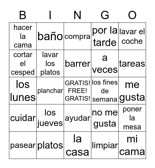Las tareas de la casa Bingo Card