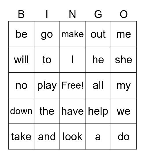 Sight Word Bingo Card