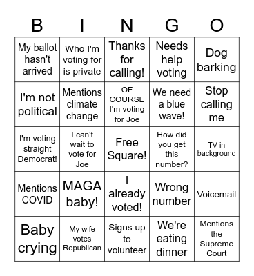 Florida Phone Bank Bingo Card