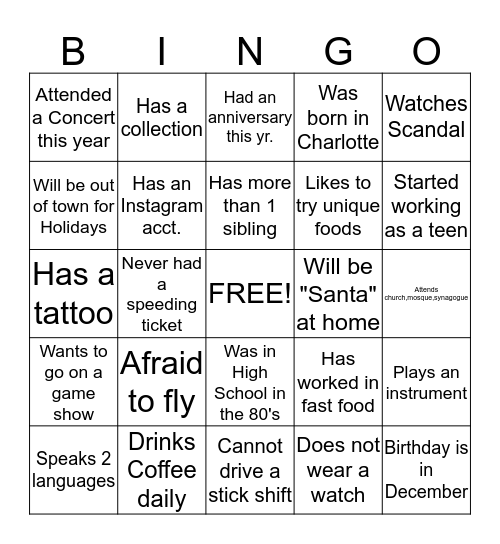 Workplace Learning "Getting to know you" Bingo Card