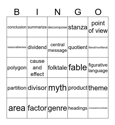 3rd Grade Vocabulary Bingo Card