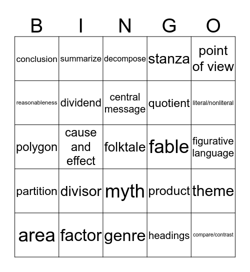 3rd Grade Vocabulary Bingo Card