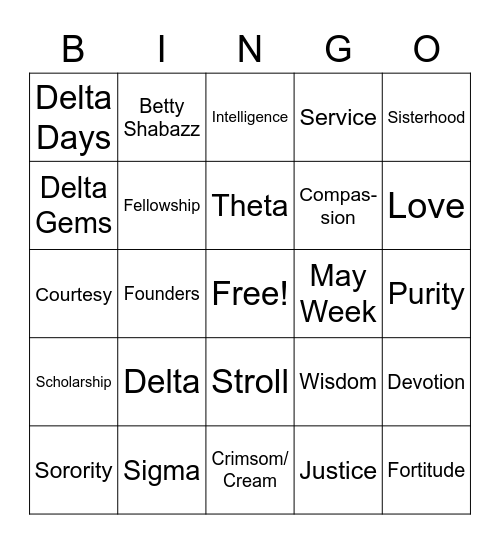 Delta Sigma Theta Sisterhood Bingo Card