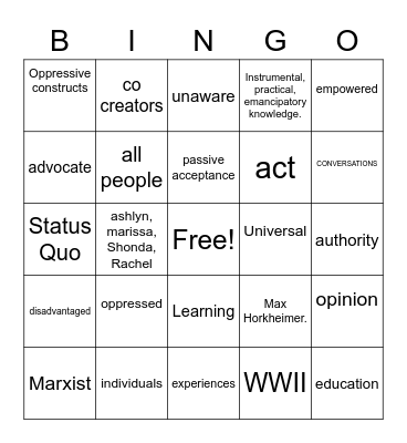 Critical Theory Bingo Card