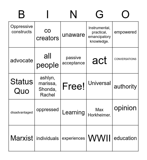 Critical Theory Bingo Card