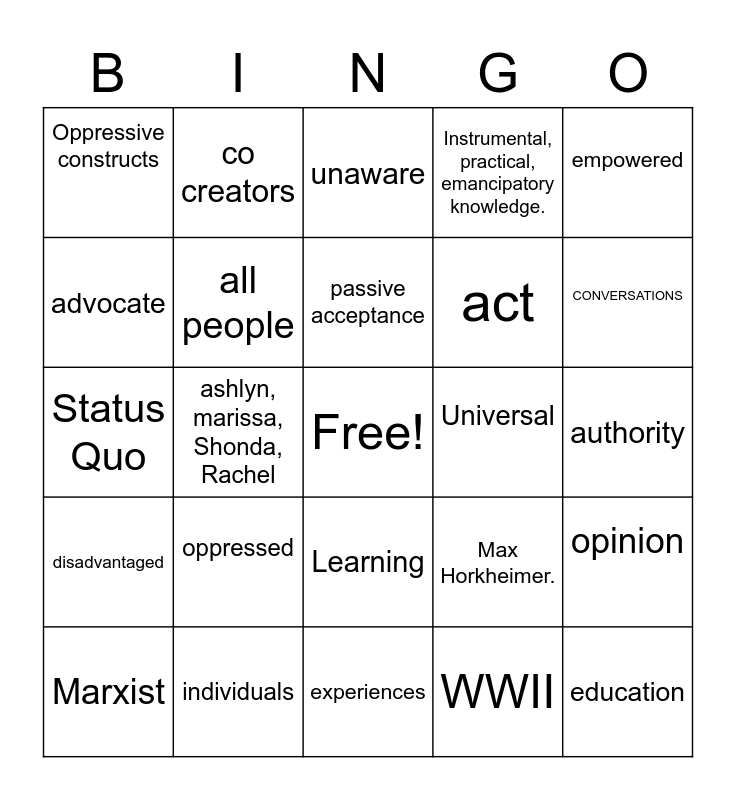 Critical Theory Bingo Card