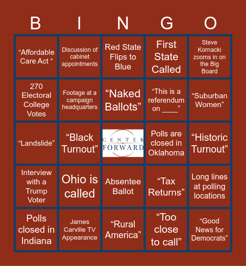 Center Forward Election Night Bingo Card