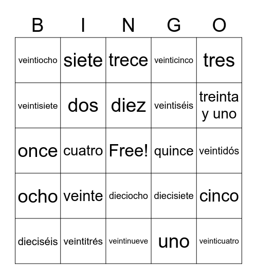 Los Números Bingo Card