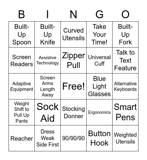 OT Adaptive Equipment Bingo Card