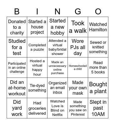 Quarantine Bingo Card