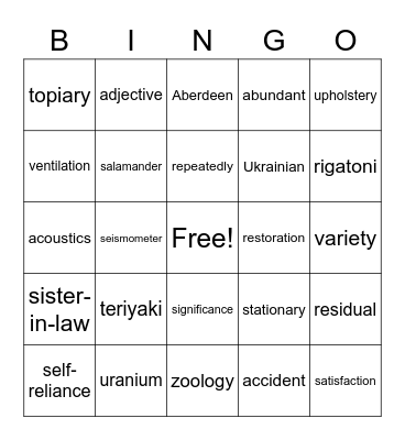Spell Bowl Bingo Card