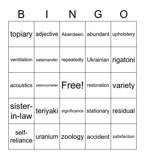 Spell Bowl Bingo Card