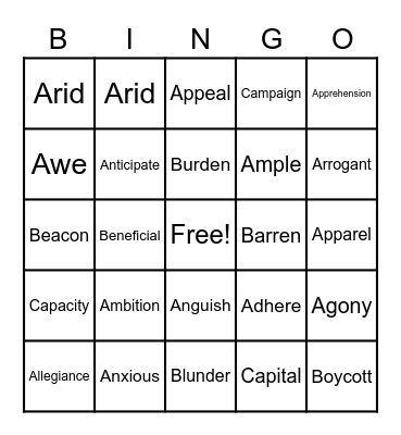 1st quarter Vocabulary BINGO Card