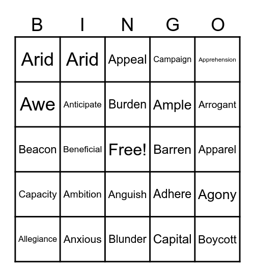 1st quarter Vocabulary BINGO Card