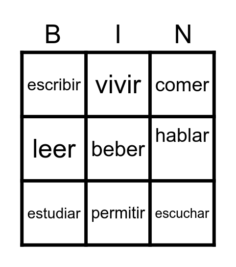 verbos Bingo Card