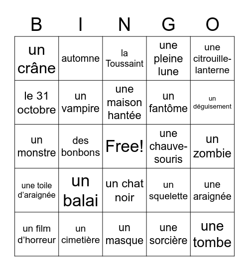 Les Mots d'Halloween Bingo Card