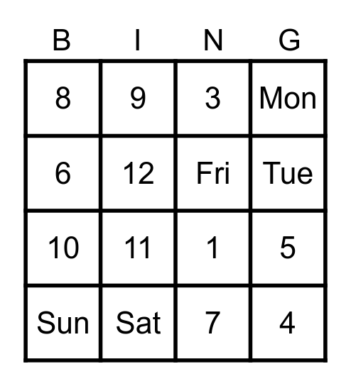 Months and Days Bingo Card
