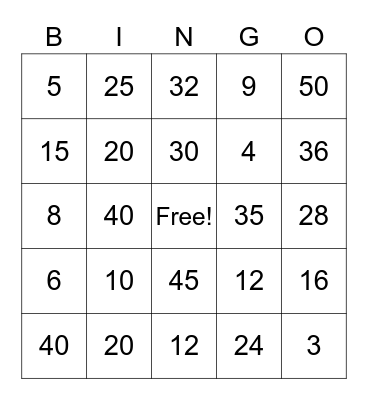 Multiplication Bingo x3 x4 x5 Bingo Card