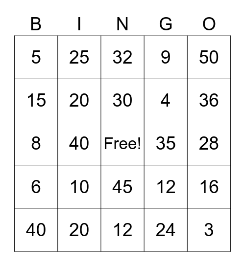 Multiplication Bingo x3 x4 x5 Bingo Card