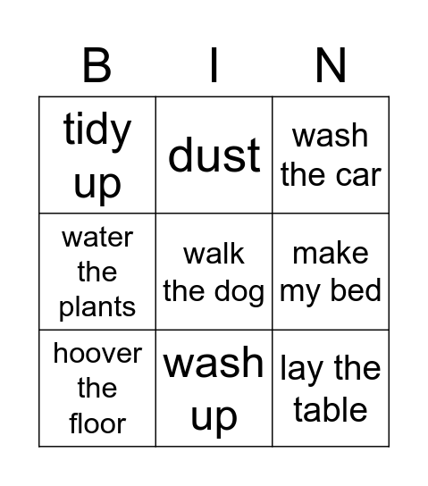 Chores bingo Card