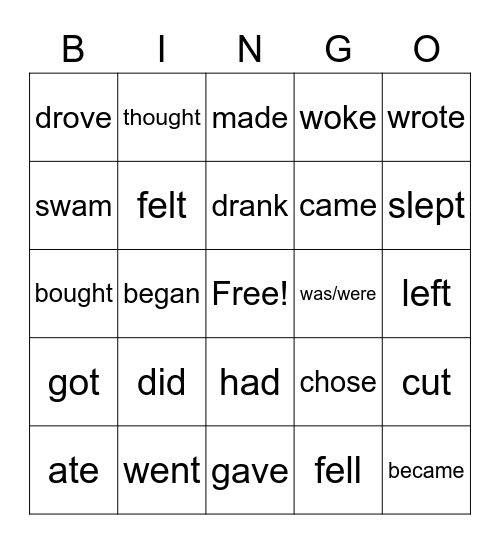 Irregulars  (past simple) Bingo Card