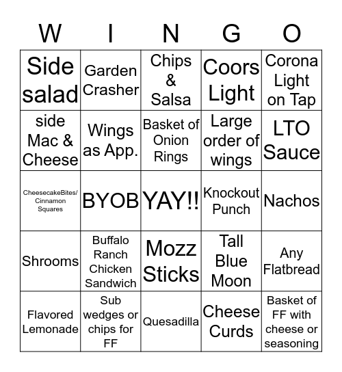 Lunch WINGO Bingo Card