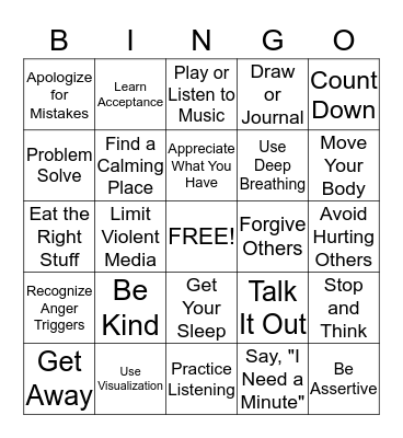 Anger Coping Bingo Card