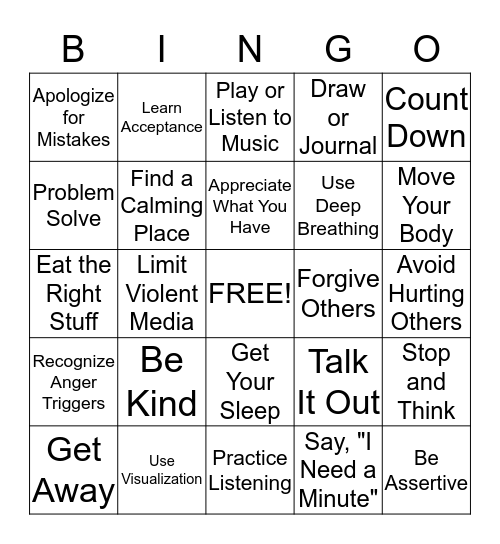 Anger Coping Bingo Card