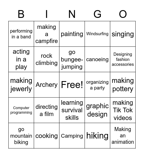 Camp Activities: Have you tried..? What are you into? Bingo Card