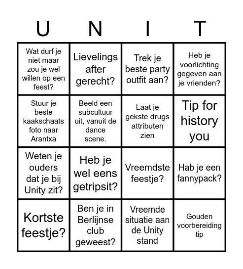 Unity Den Haag Bingo Card