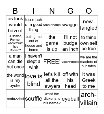 Shakespearean Language Bingo Card