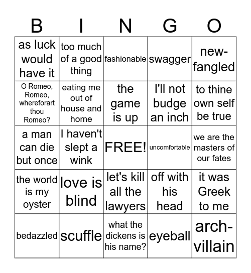 Shakespearean Language Bingo Card