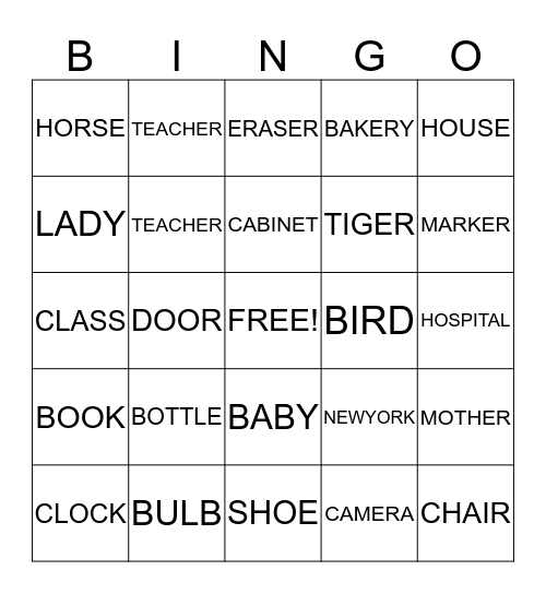 Nouns Bingo Card