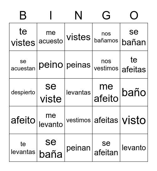 Reflexive or Not Reflive? Bingo Card