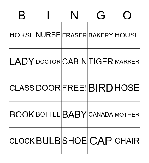 Nouns Bingo Card