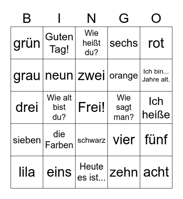 German Greetings, Colors, and Numbers Bingo Card