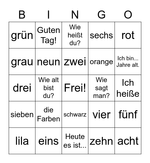 German Greetings, Colors, and Numbers Bingo Card