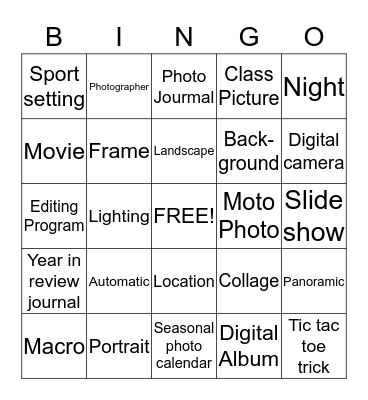 Digital photographer Bingo  Bingo Card
