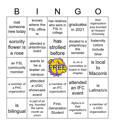 WIU Fraternity & Sorority Life Bingo Card