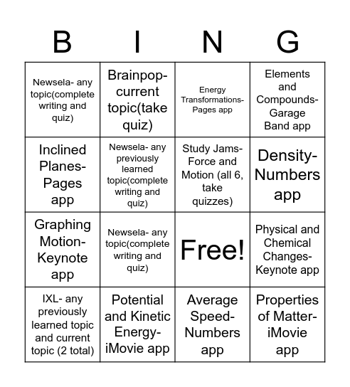 Science Menu- Due Dec.11th Bingo Card