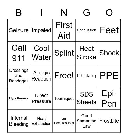 First Aid Bingo Card