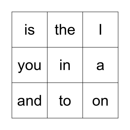 First 9 sight words Bingo Card