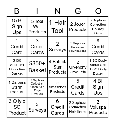 Sephora Bingo Card