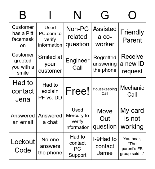 Panther Central Bingo Card