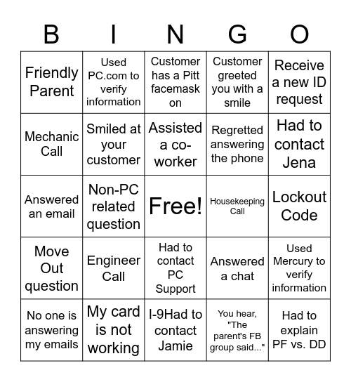 Panther Central Bingo Card