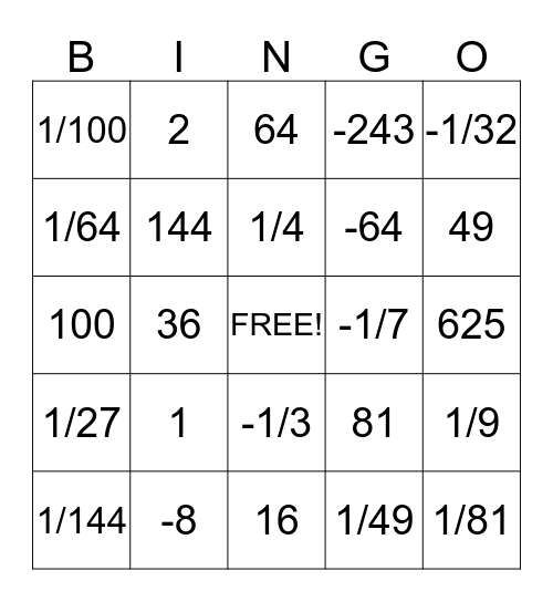 Exponents Bingo Card