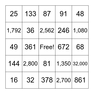 Multiplication Bingo Card