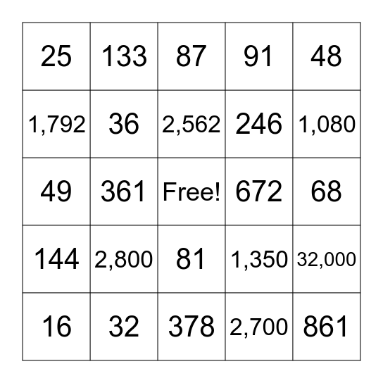 Multiplication Bingo Card
