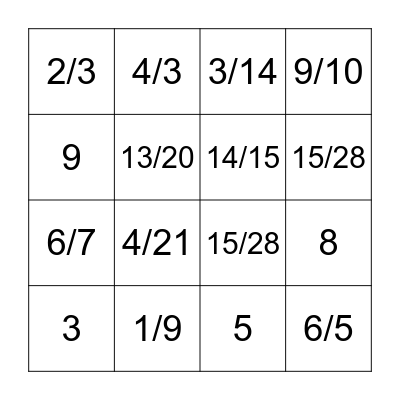 Fraction Multiplication Bingo Card